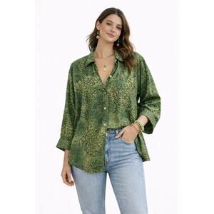 Cezar 100% Silk Paisley Blouse Green Boho Festival Indie Shirt Size Medium 90s